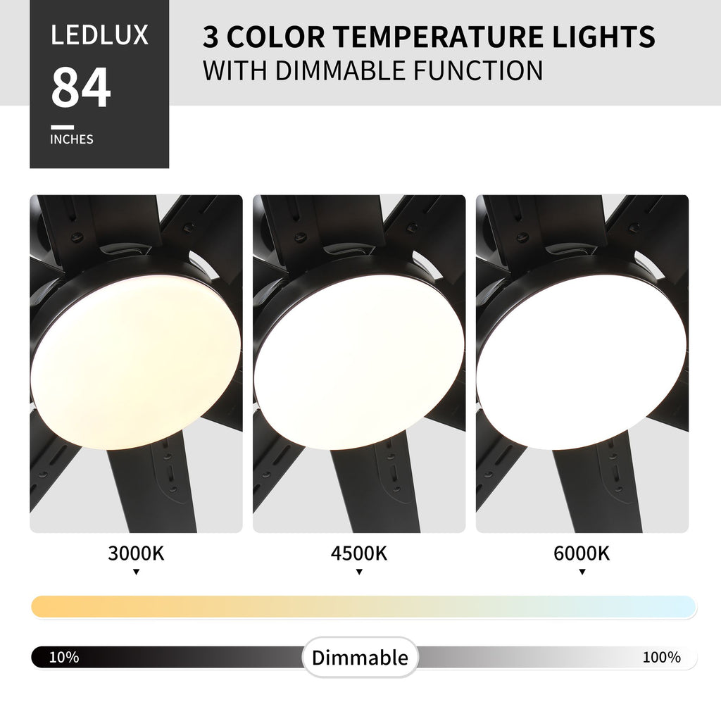 84- Large Black Ceiling Fan with Remote, Reversible DC Motor, and 3 Color Temperatures