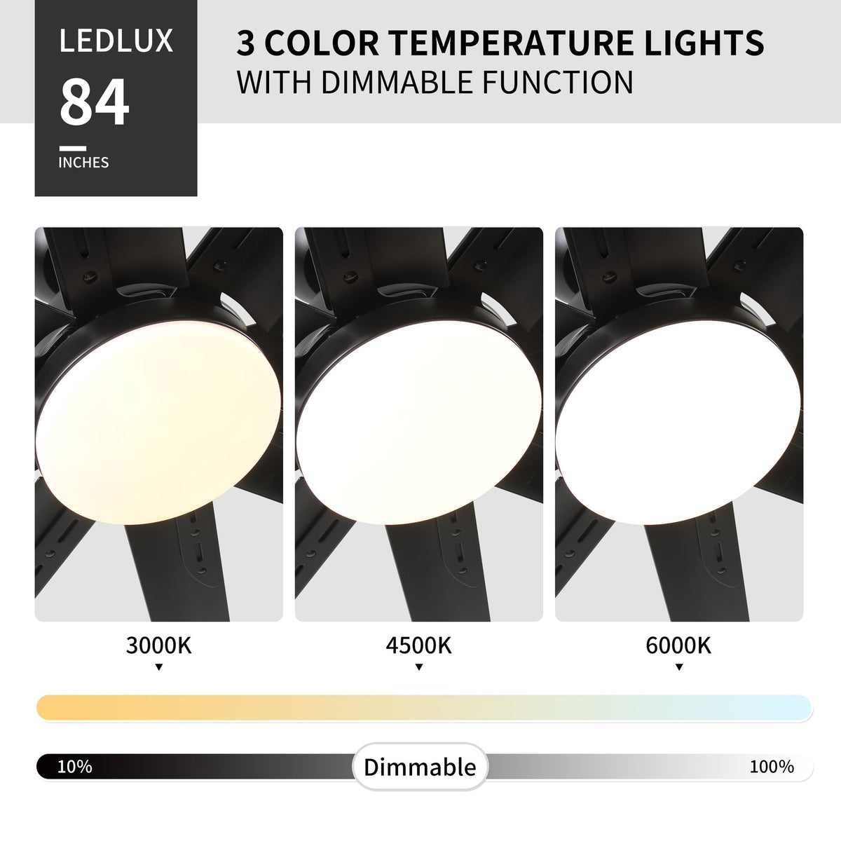 84- Large Black Ceiling Fan with Remote, Reversible DC Motor, and 3 Color Temperatures