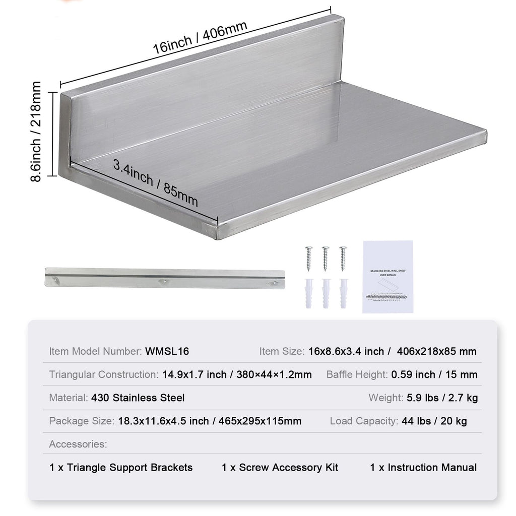 Wall-Mounted Commercial Kitchen Shelf with Backsplash