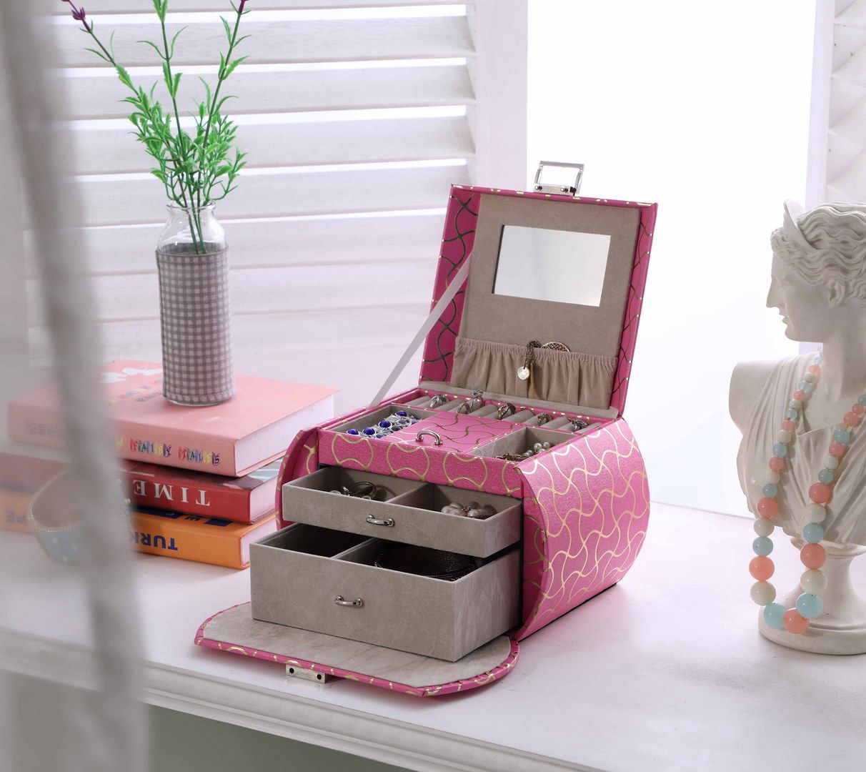 Hot Pink Travel Jewelry Case with Mirror and Drawers