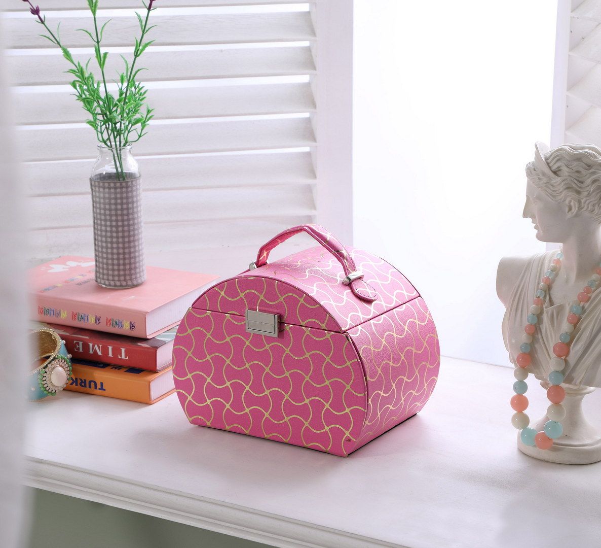 Hot Pink Travel Jewelry Case with Mirror and Drawers