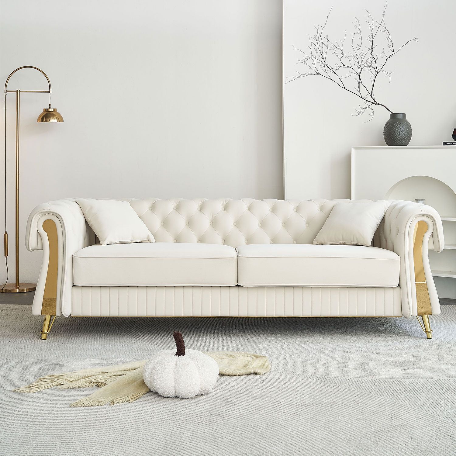 'W Chesterfield Modern Tufted Velvet Living Room Sofa with Two Seat Cushions and Two Toss Pillows