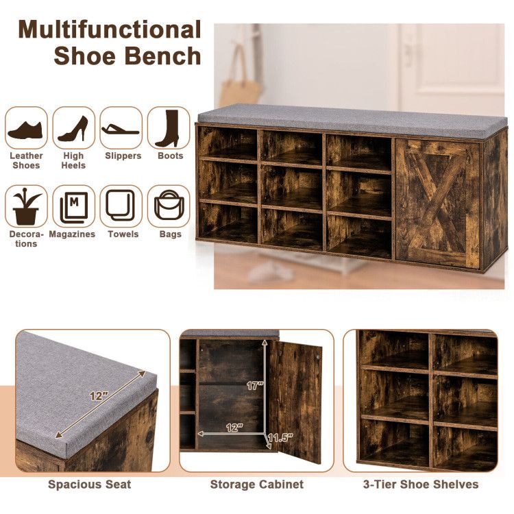9-Cube Shoe Bench with Adjustable Shelves and Removable Cushion