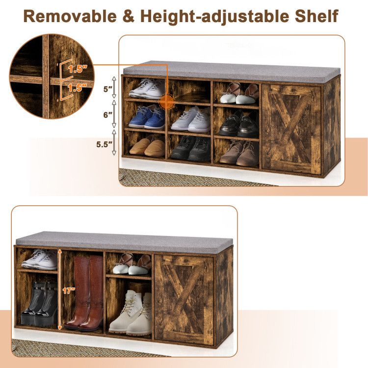 9-Cube Shoe Bench with Adjustable Shelves and Removable Cushion
