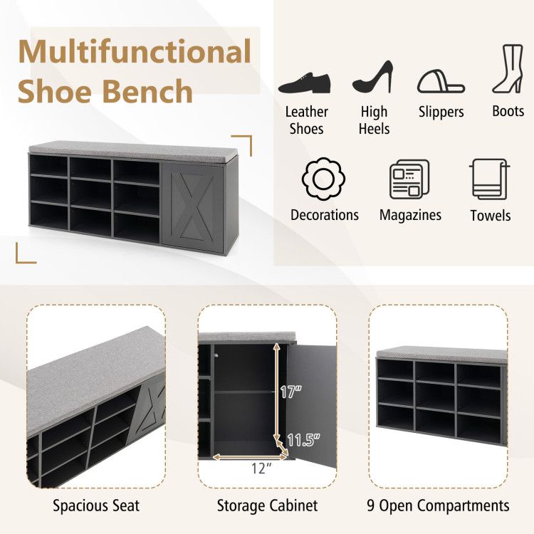 9-Cube Shoe Bench with Adjustable Shelves and Removable Cushion