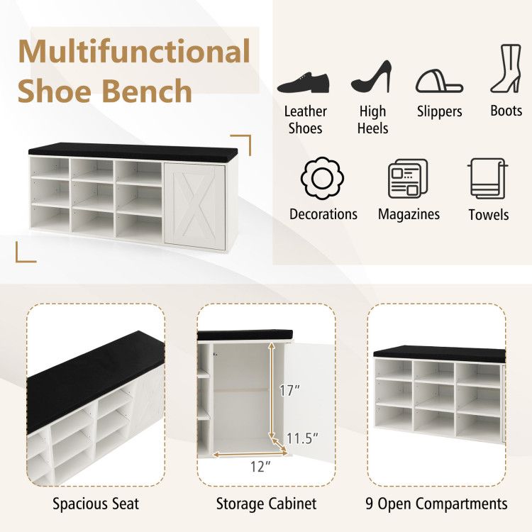 9-Cube Shoe Bench with Adjustable Shelves and Removable Cushion