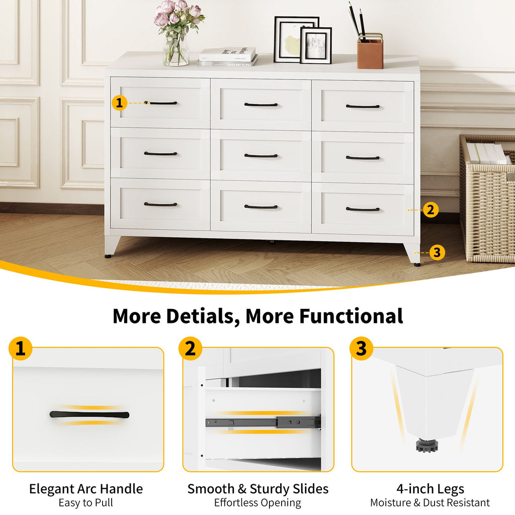 Low-Profile Nine-Drawer Dresser with Quiet-Glide Rails