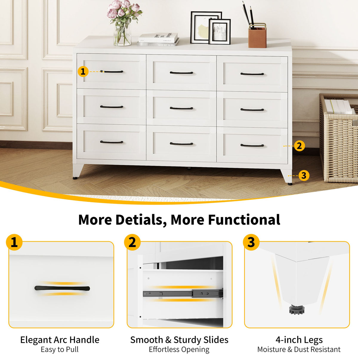 Low-Profile Nine-Drawer Dresser with Quiet-Glide Rails
