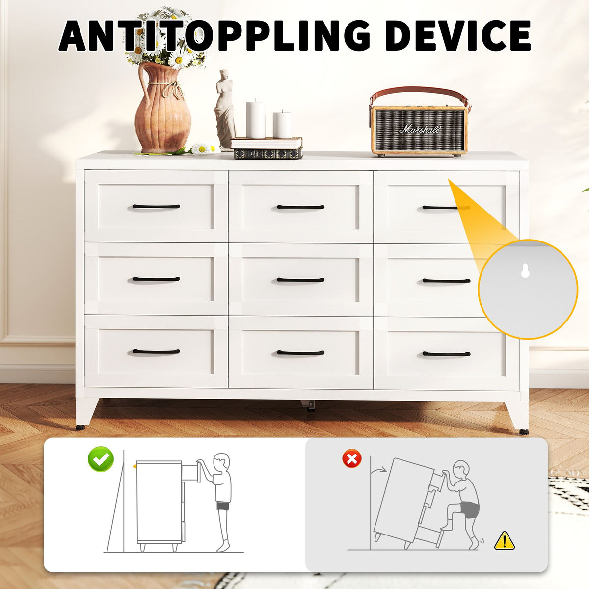 Low-Profile Nine-Drawer Dresser with Quiet-Glide Rails