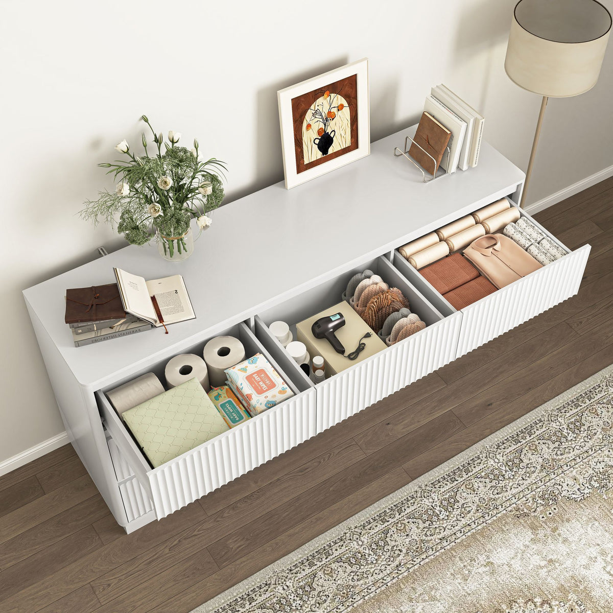 Nine-Drawer Dresser with Sculpted Mid-Century Style