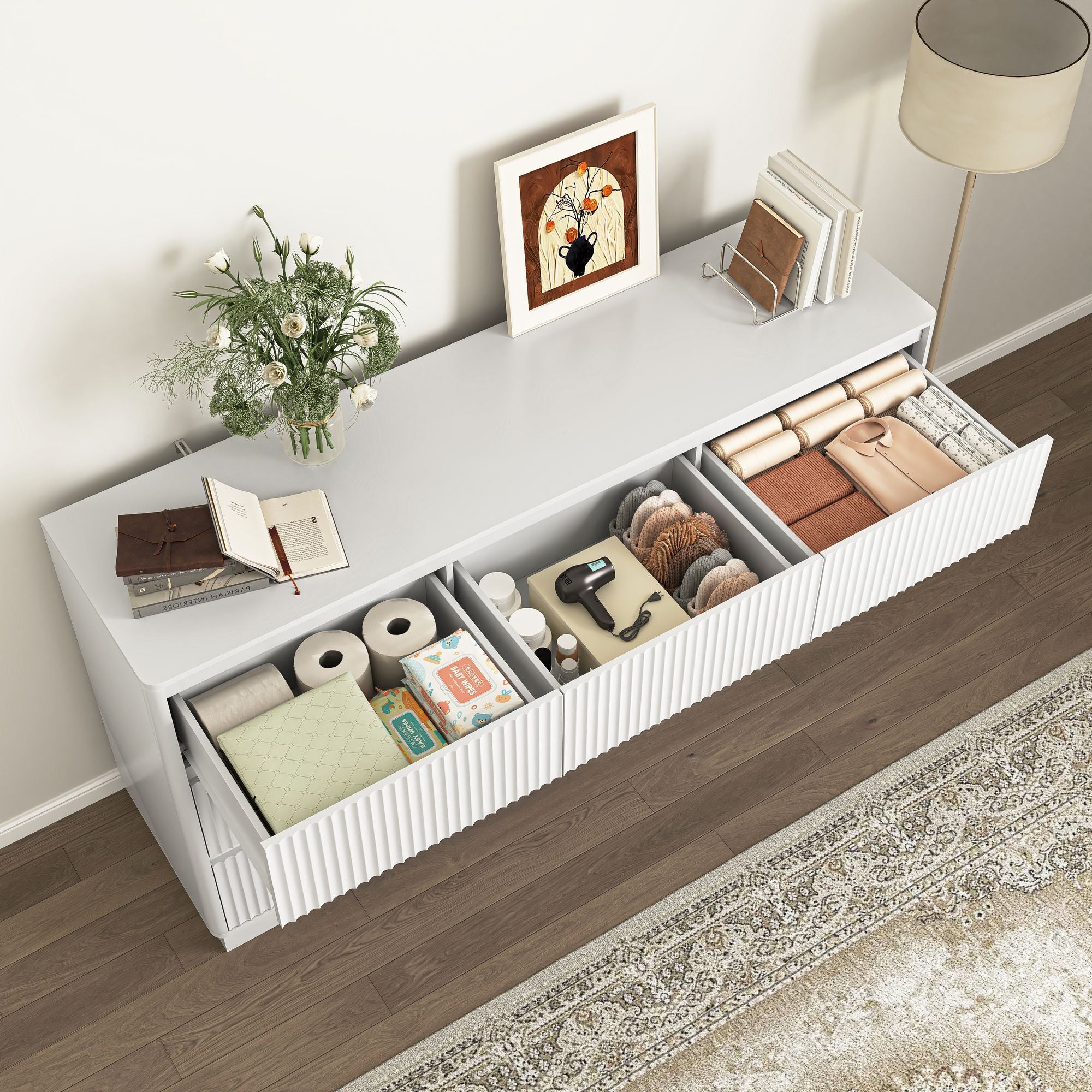 White Wave-Front Dresser with Handle-Free Design
