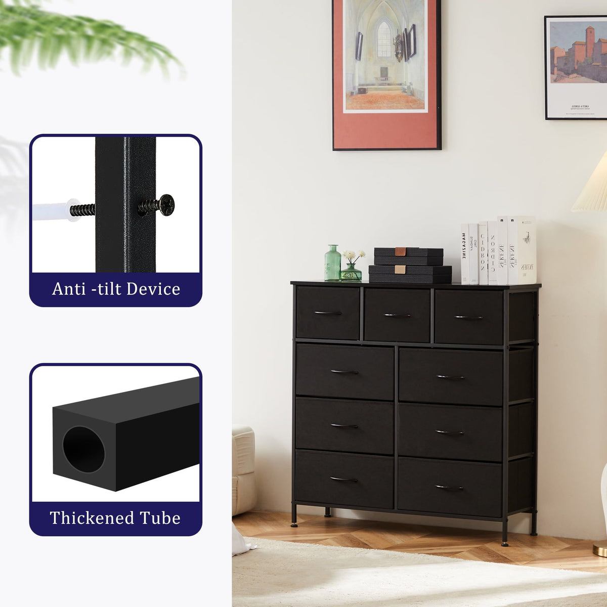 Wide Drawer Dresser and Versatile Storage Tower