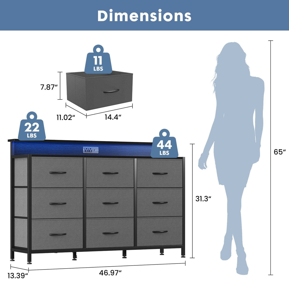 Gray Storage Dresser and TV Stand with Ambient LED Light