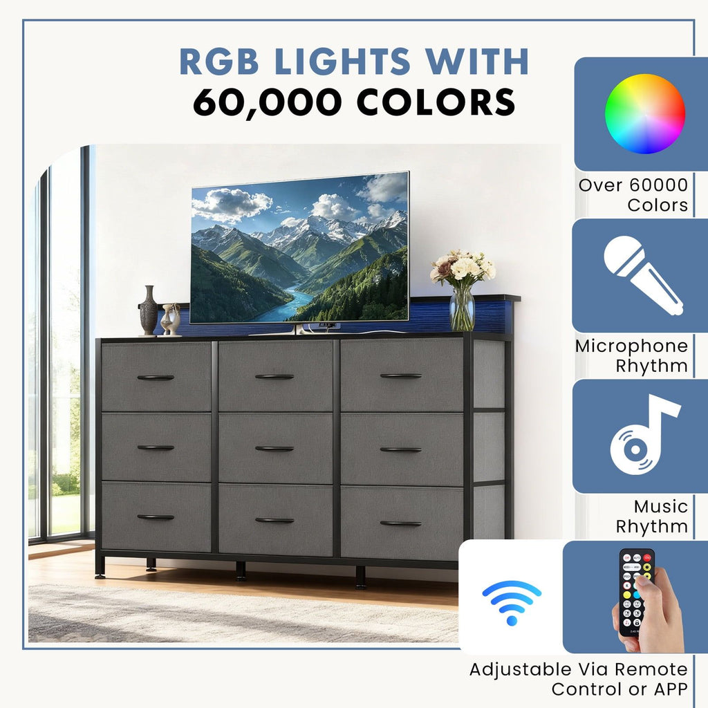 Gray Storage Dresser and TV Stand with Ambient LED Light
