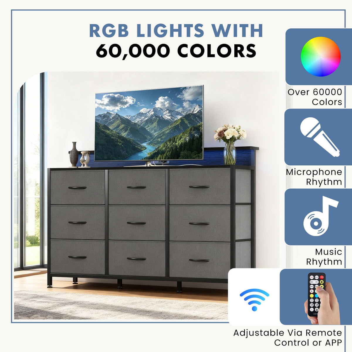 Gray Storage Dresser and TV Stand with Ambient LED Light