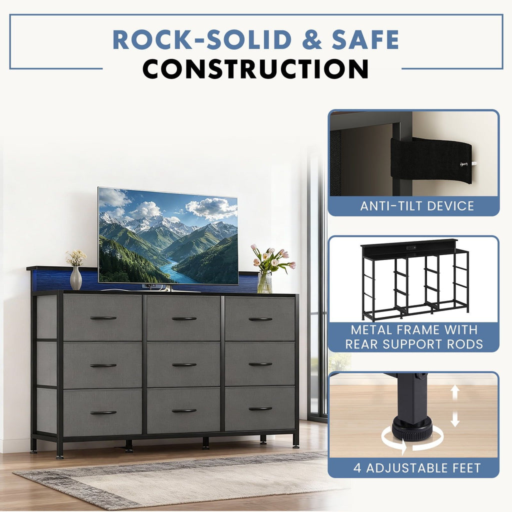 Gray Storage Dresser and TV Stand with Ambient LED Light