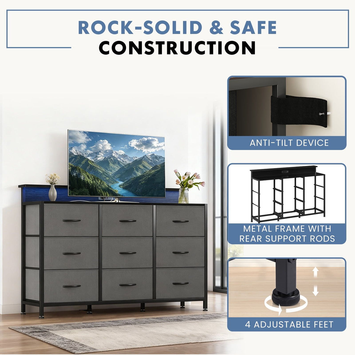 Gray Storage Dresser and TV Stand with Ambient LED Light