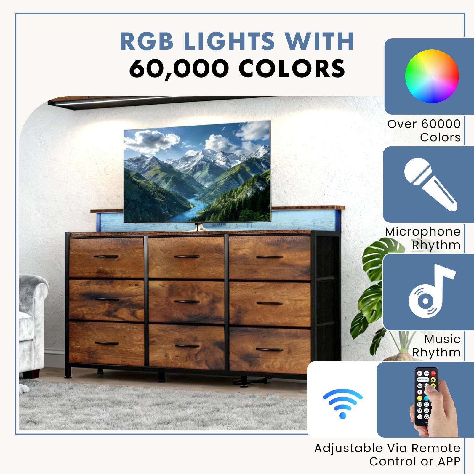 Rust TV Stand with App-Controlled LED Ambient Lighting