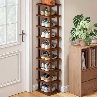 9 Layers Bamboo Shoe Rack Tall Narrow Vertical Organizer for Small Spaces Entryway Closet