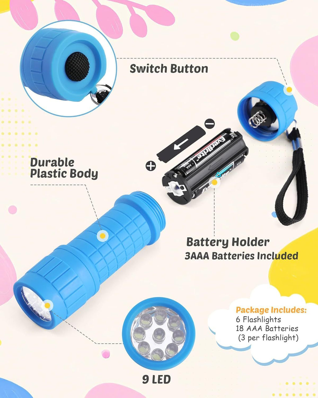 9-LED Flashlight 6-Pack – Impact Handheld Torches with Lanyard and Batteries Included