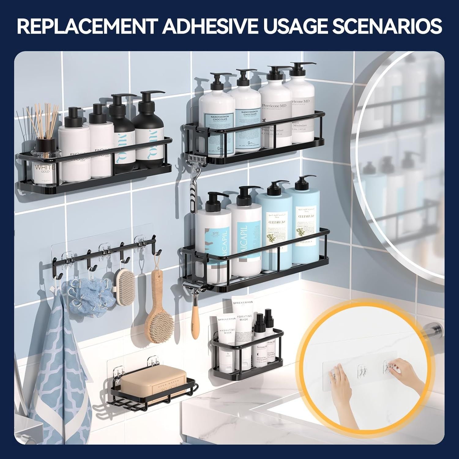 9-Pack Transparent Shower Adhesive Strips – No Drilling Wall Mount for Bath & Kitchen Storage