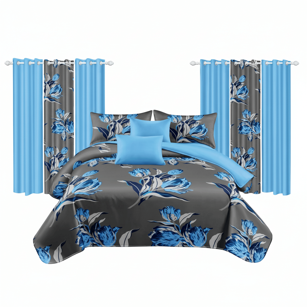 9-Piece Blue Tulip Bedding and Curtain Set for Queen/King Beds