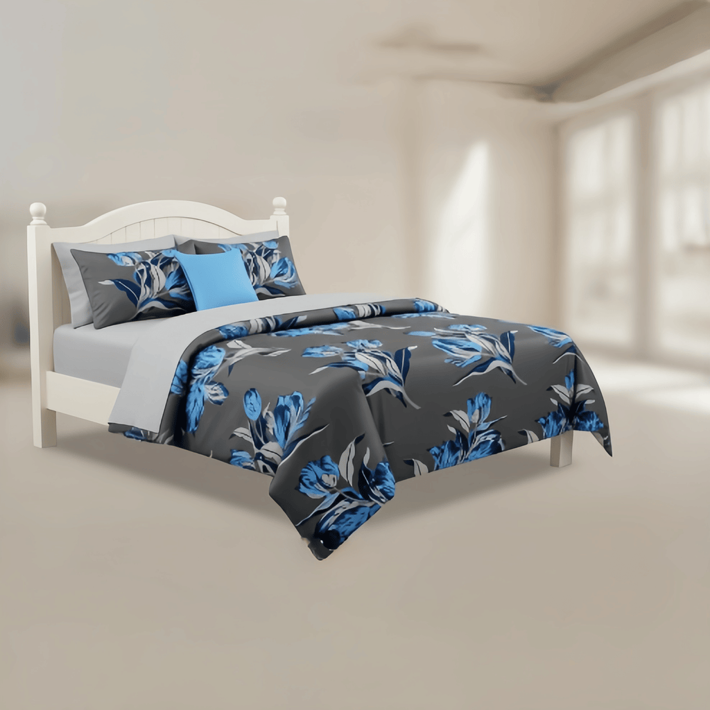 9-Piece Blue Tulip Bedding and Curtain Set for Queen/King Beds