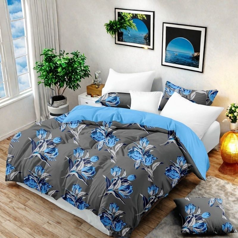 9-Piece Blue Tulip Bedding and Curtain Set for Queen/King Beds