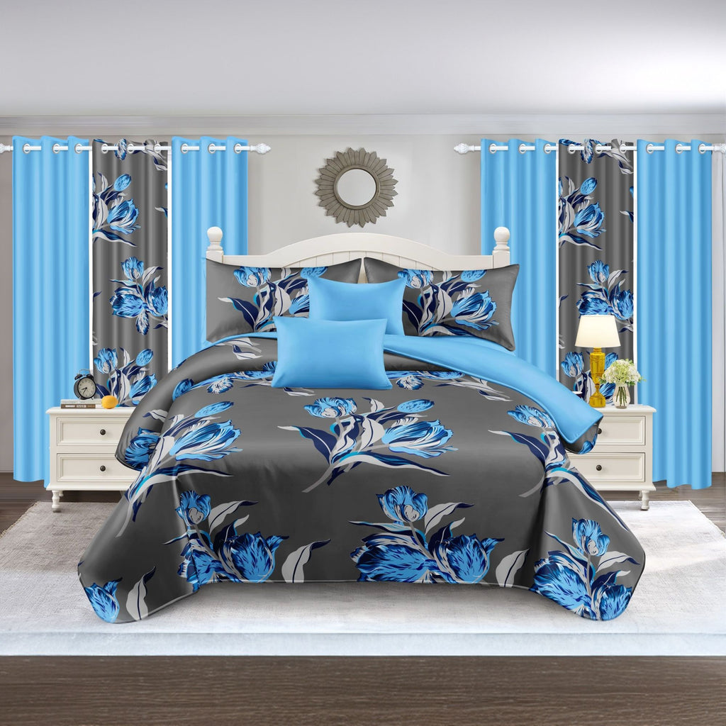 9-Piece Blue Tulip Bedding and Curtain Set for Queen/King Beds