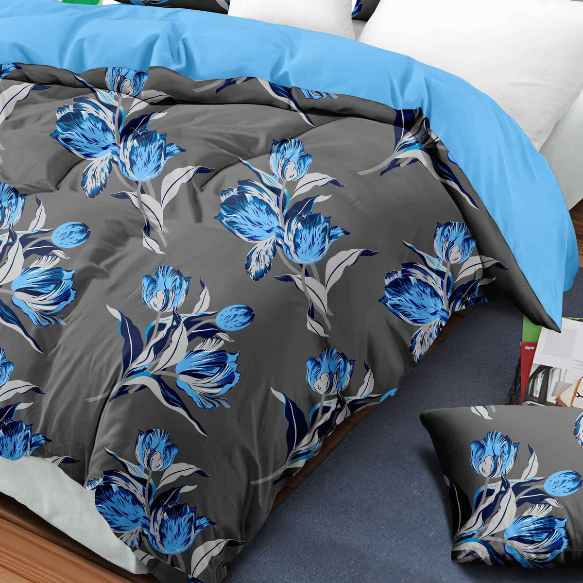 9-Piece Blue Tulip Bedding and Curtain Set for Queen/King Beds