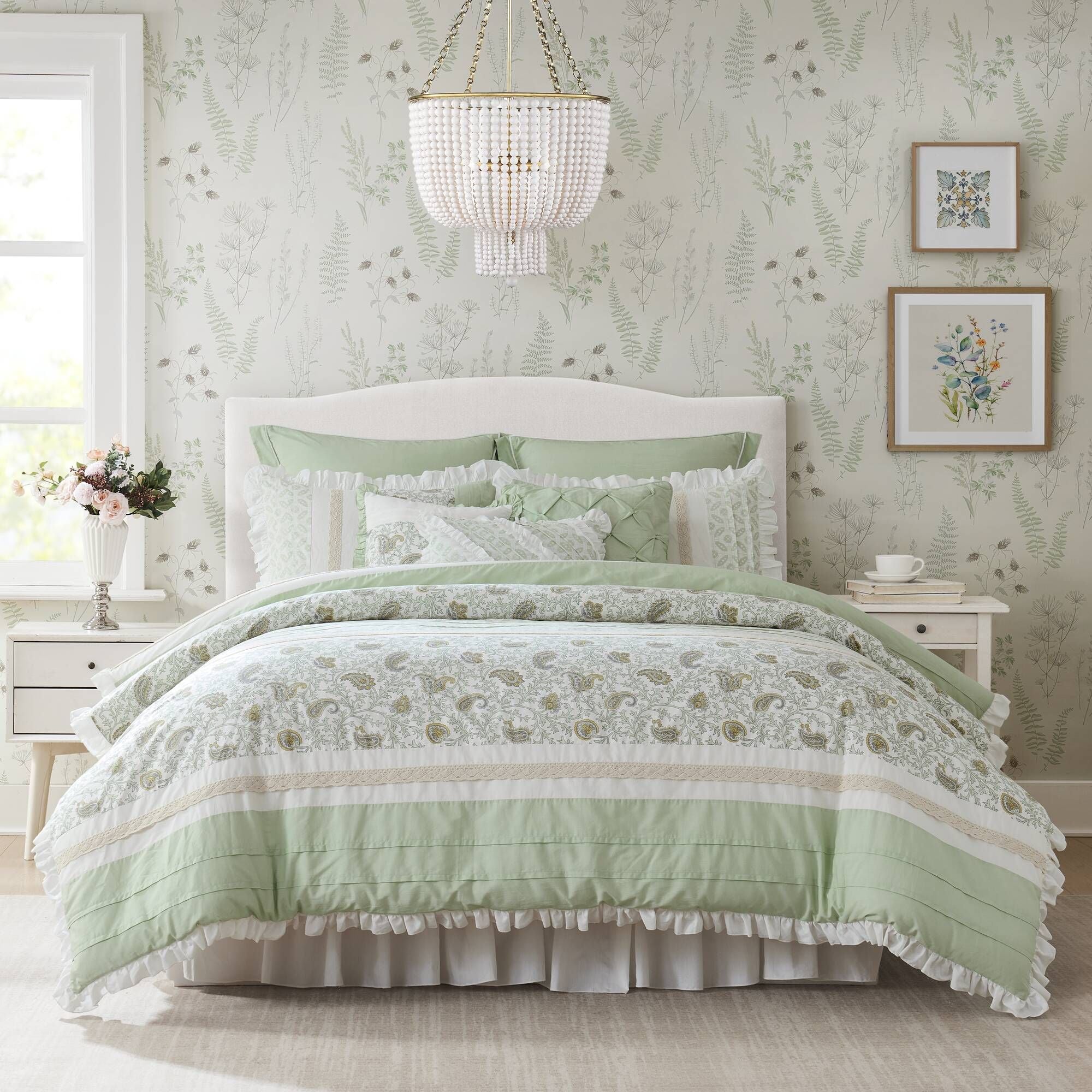 9-Piece Cotton Percale Comforter Set King – Floral Design with Pintucking & Lace