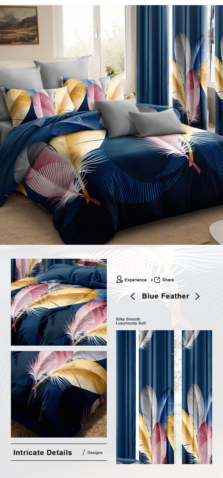 9-Piece Feather Print Bedding & Curtain Set – Quilted Microfiber Bedspread with Sheer Curtains