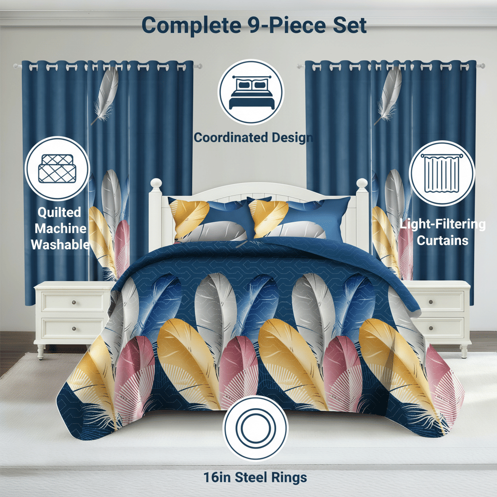 9-Piece Feather Print Bedding & Curtain Set – Quilted Microfiber Bedspread with Sheer Curtains