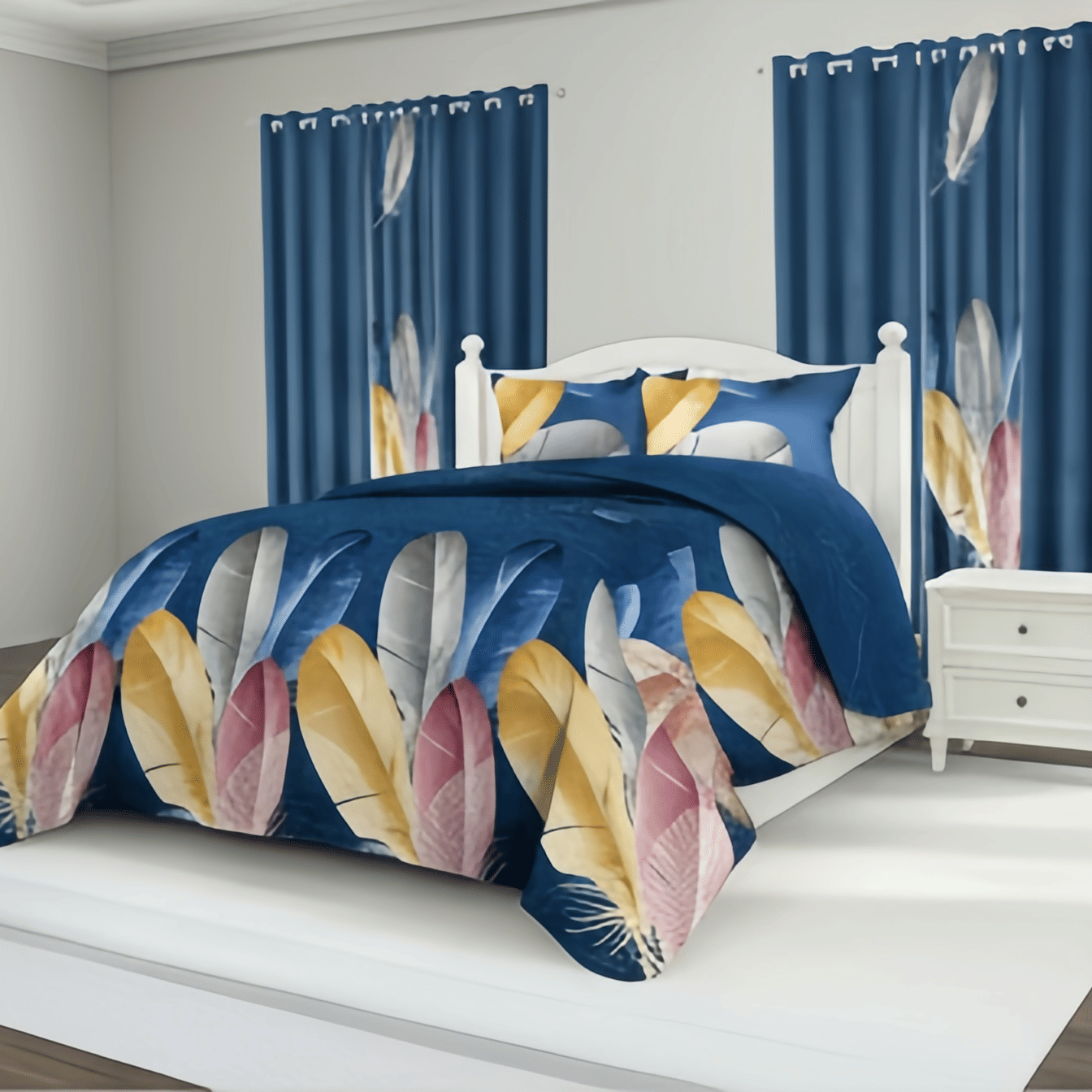 9-Piece Feather Print Bedding & Curtain Set – Quilted Microfiber Bedspread with Sheer Curtains