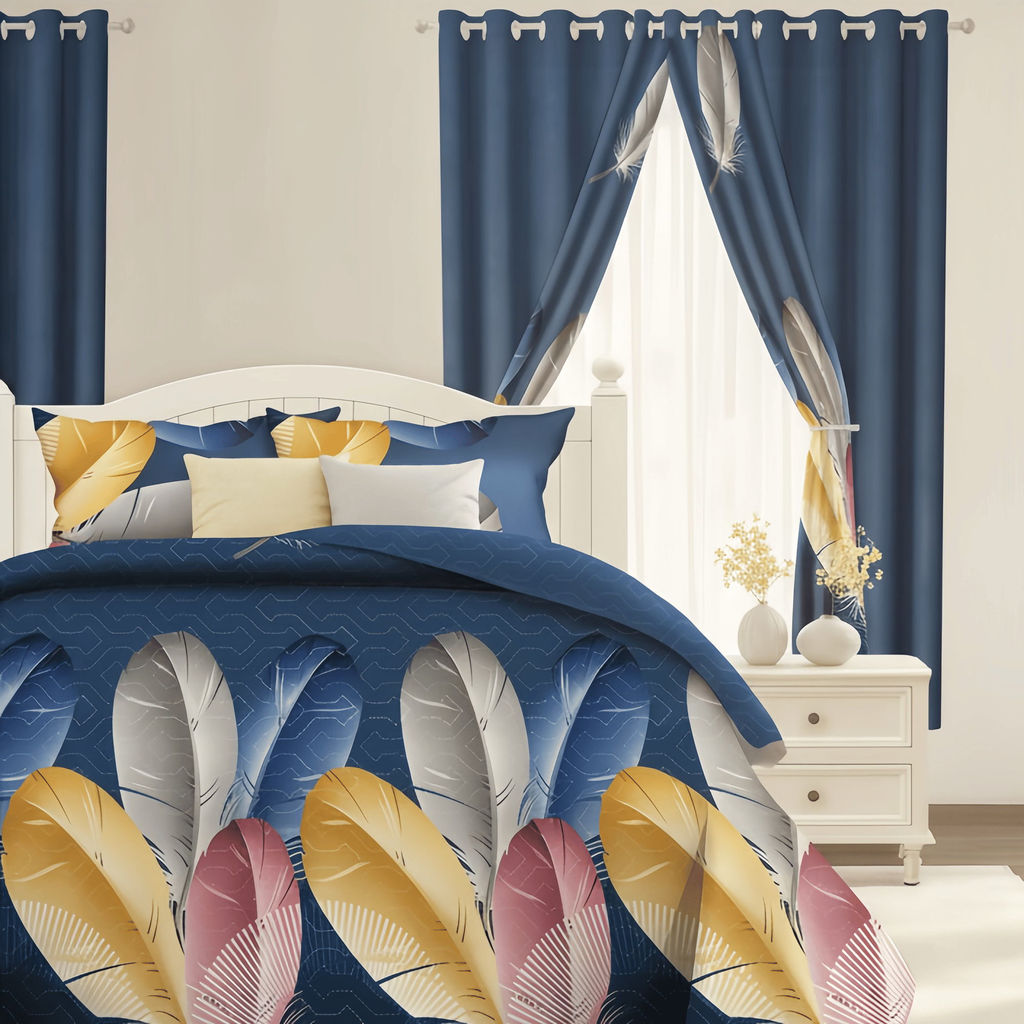9-Piece Feather Print Bedding & Curtain Set – Quilted Microfiber Bedspread with Sheer Curtains