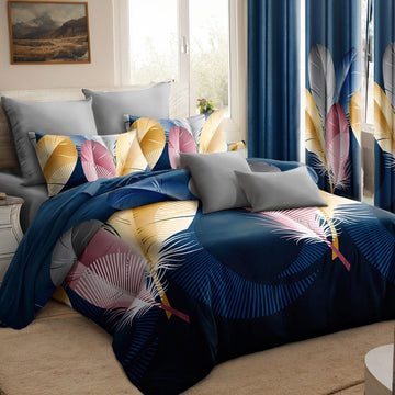 9-Piece Feather Print Bedding & Curtain Set – Quilted Microfiber Bedspread with Sheer Curtains