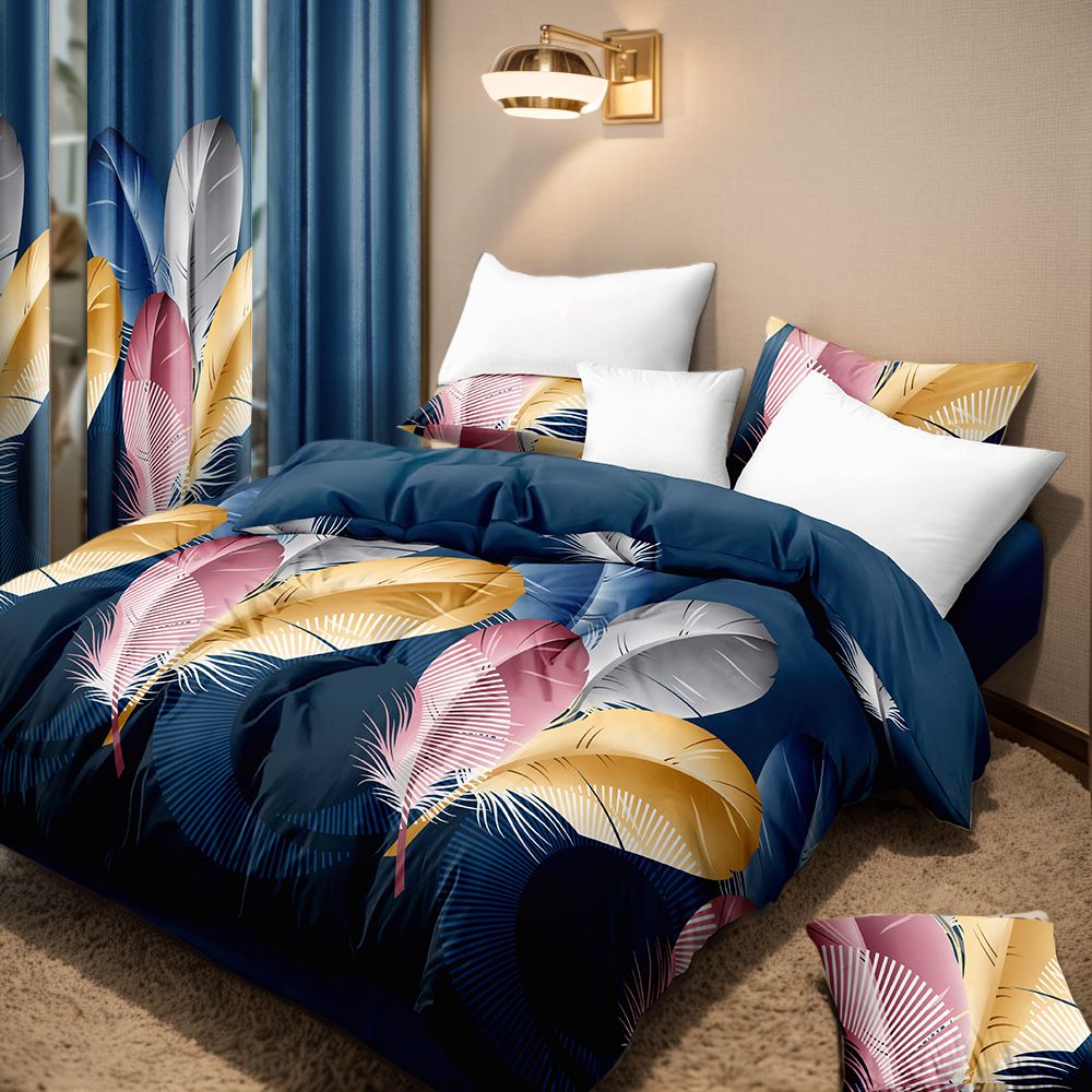 9-Piece Feather Print Bedding & Curtain Set – Quilted Microfiber Bedspread with Sheer Curtains