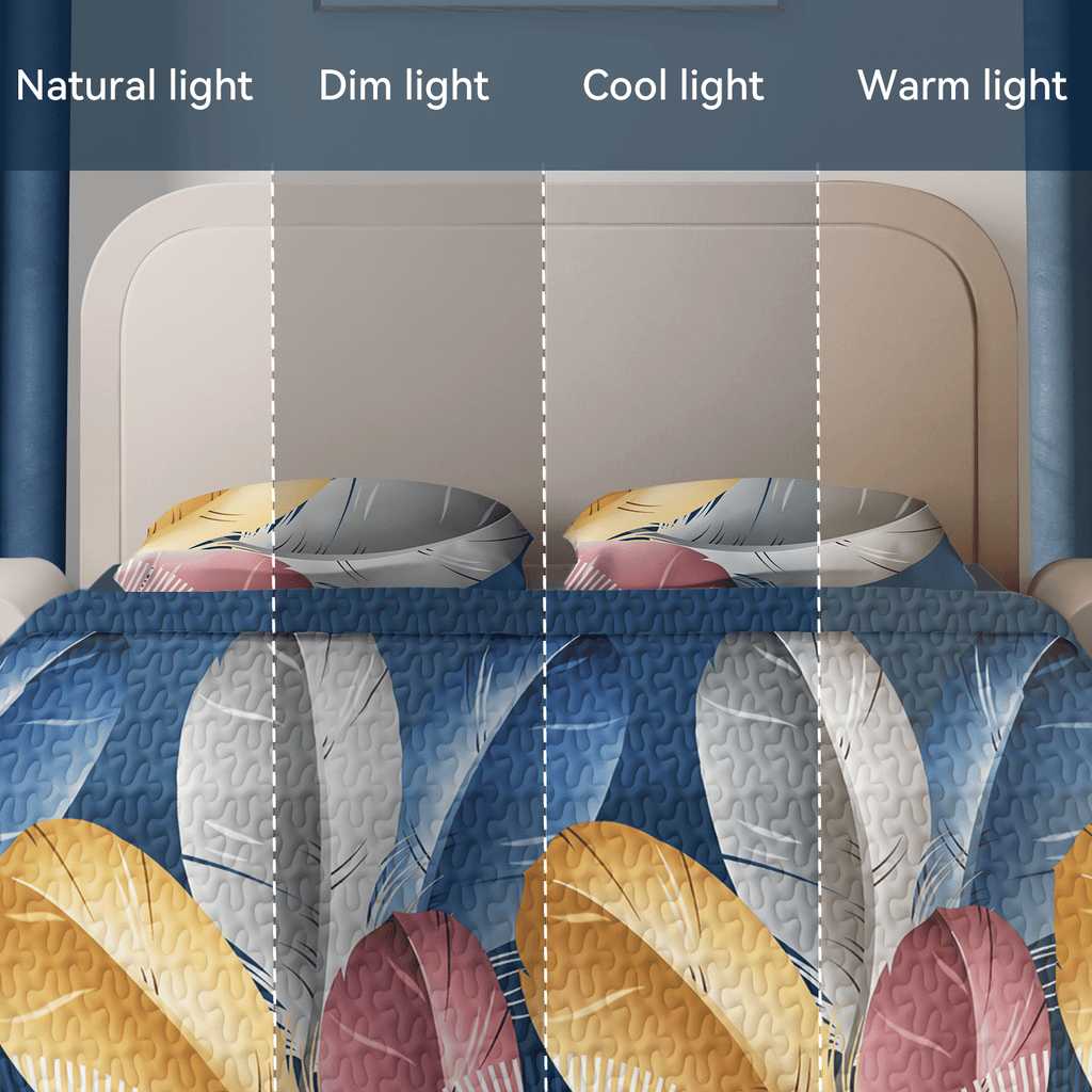 9-Piece Feather Print Bedding & Curtain Set – Quilted Microfiber Bedspread with Sheer Curtains