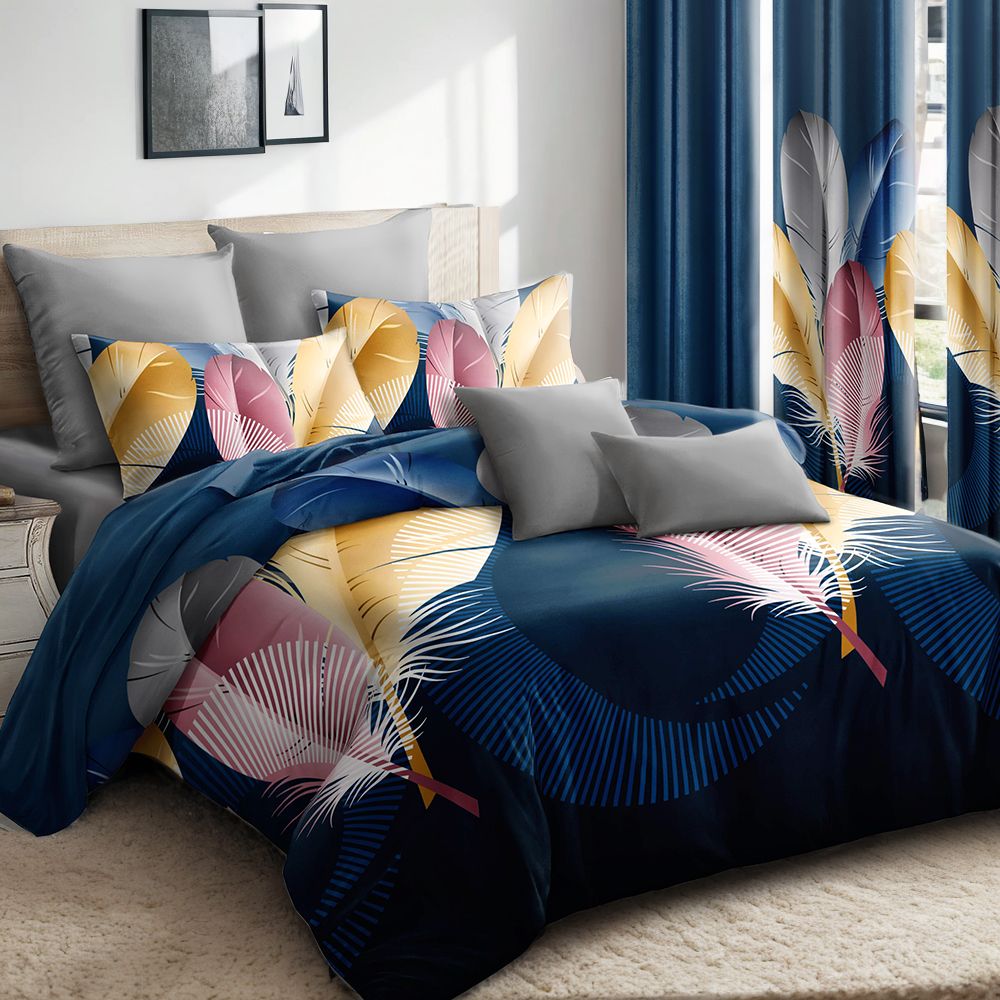 9-Piece Feather Print Bedding & Curtain Set – Quilted Microfiber Bedspread with Sheer Curtains