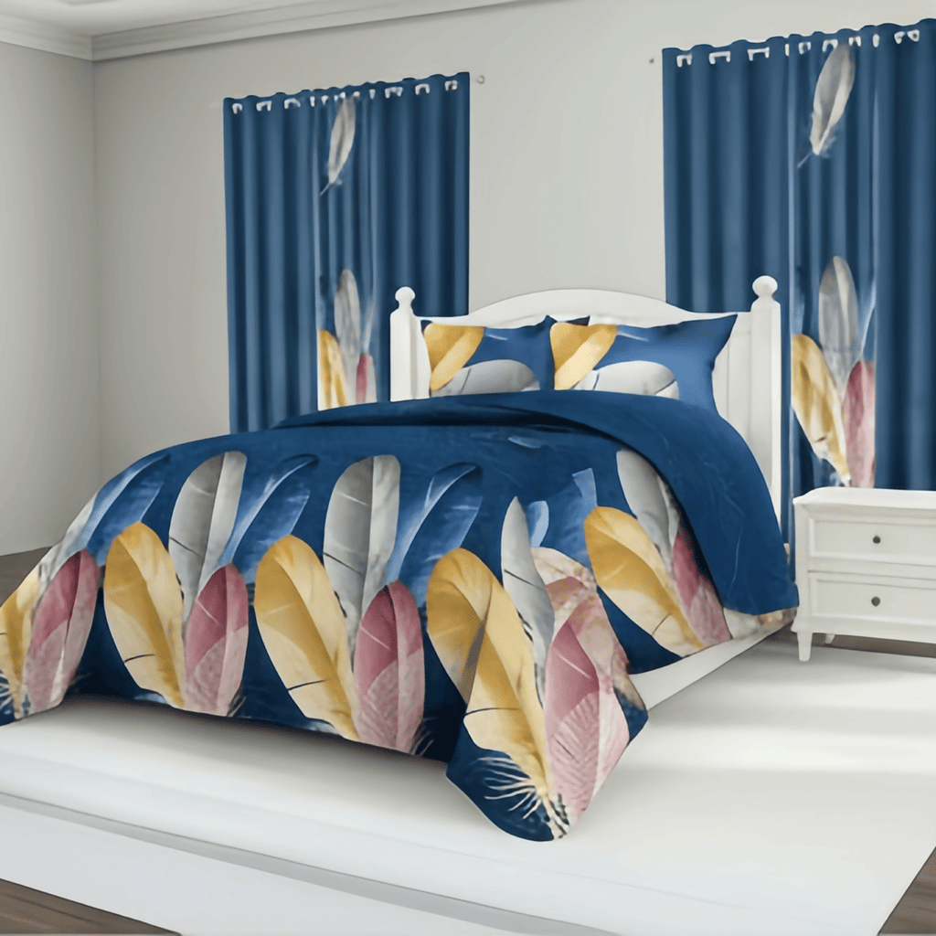 9-Piece Feather Print Bedding & Curtain Set – Quilted Microfiber Bedspread with Sheer Curtains