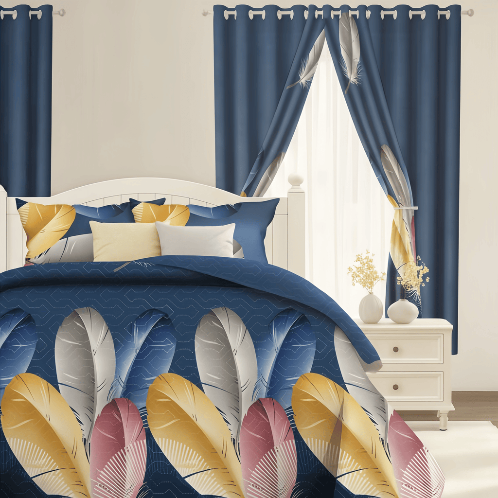 9-Piece Feather Print Bedding & Curtain Set – Quilted Microfiber Bedspread with Sheer Curtains