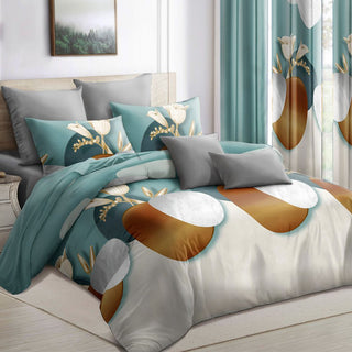 9-Piece Modern Floral Vase Bedding & Curtain Set – Quilted Bedspread + Sheer Curtains