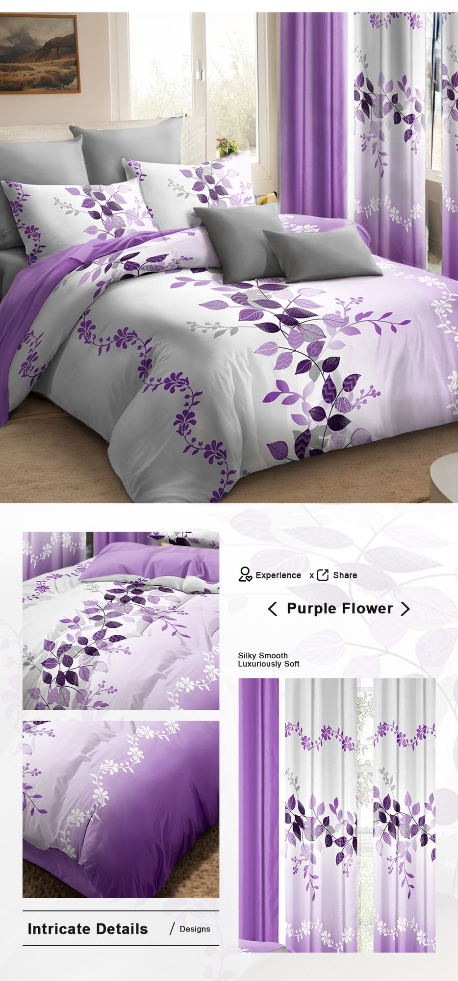 9-Piece Purple Vine Bedding and Curtain Set – Quilted Microfiber Bedspread with Sheer Curtains