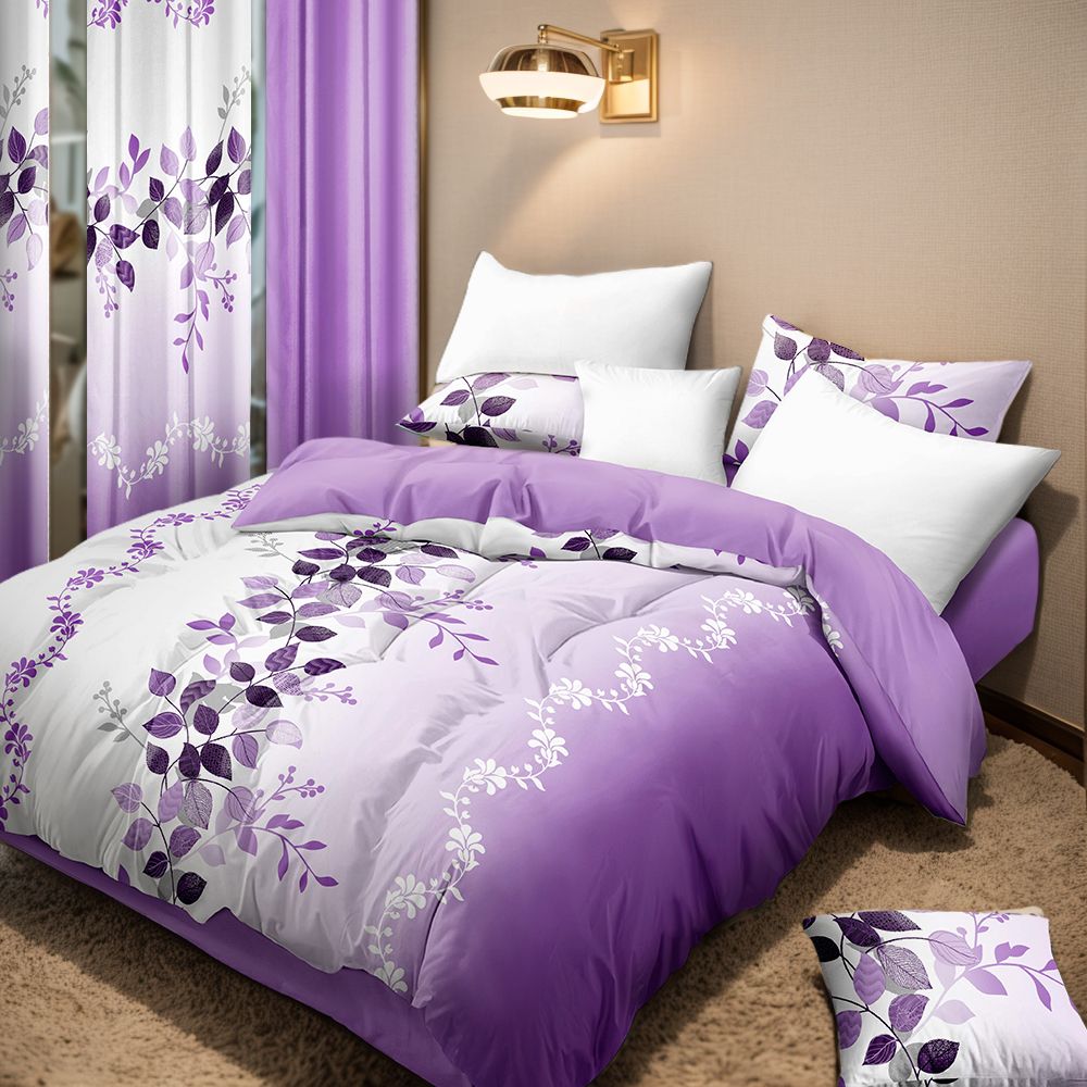 9-Piece Purple Vine Bedding and Curtain Set – Quilted Microfiber Bedspread with Sheer Curtains