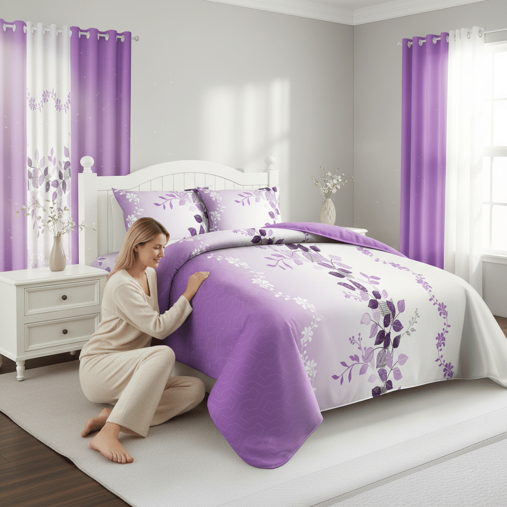 9-Piece Purple Vine Bedding and Curtain Set – Quilted Microfiber Bedspread with Sheer Curtains
