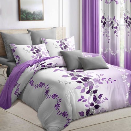 9-Piece Purple Vine Bedding and Curtain Set – Quilted Microfiber Bedspread with Sheer Curtains