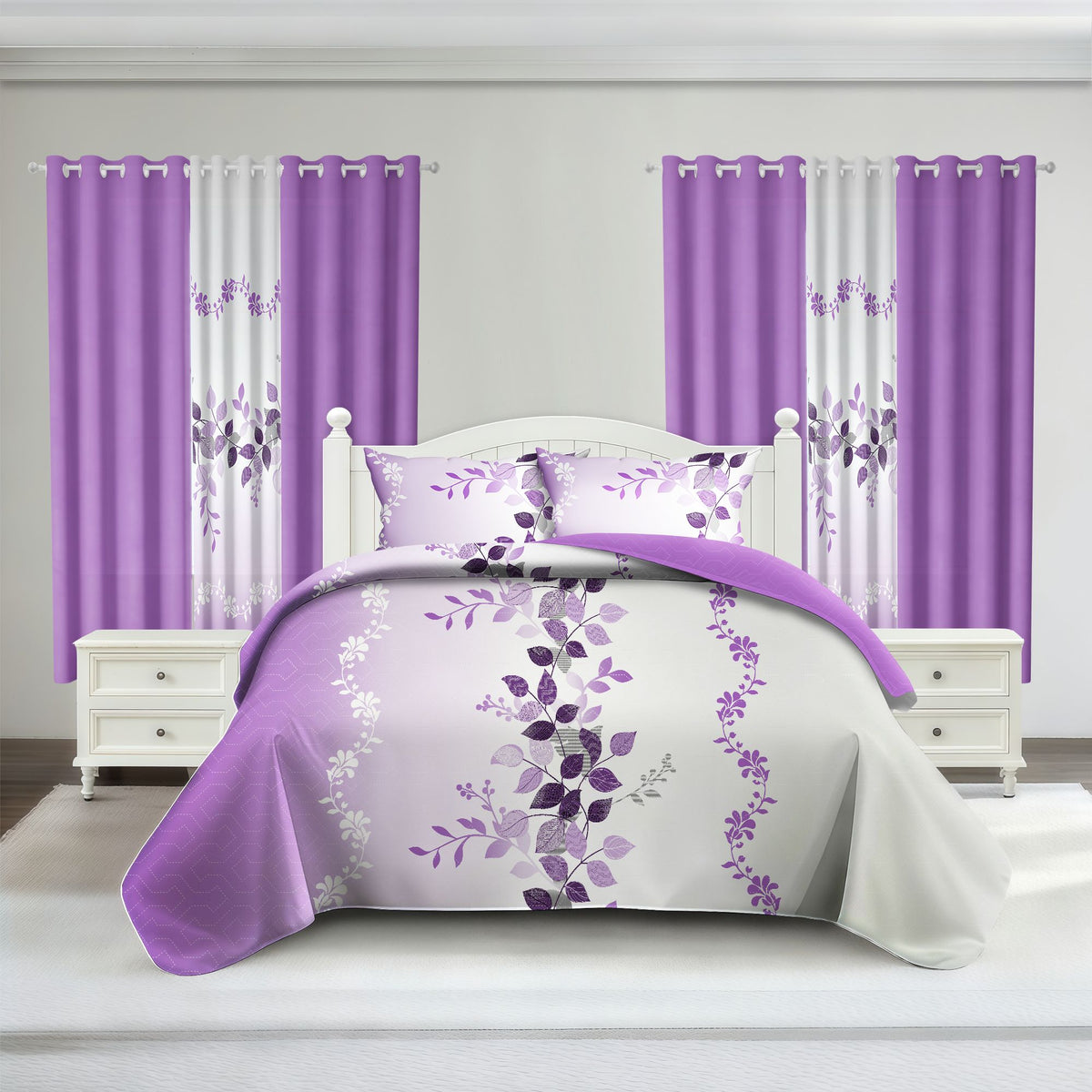 9-Piece Purple Vine Bedding and Curtain Set – Quilted Microfiber Bedspread with Sheer Curtains
