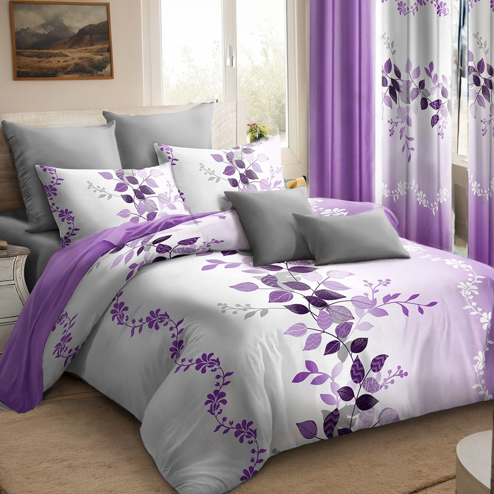 9-Piece Purple Vine Bedding and Curtain Set – Quilted Microfiber Bedspread with Sheer Curtains