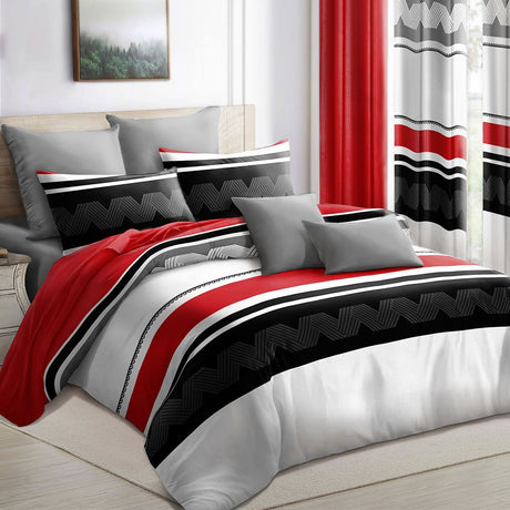 9-Piece Red & Geometric Zigzag Bedding & Curtain Set