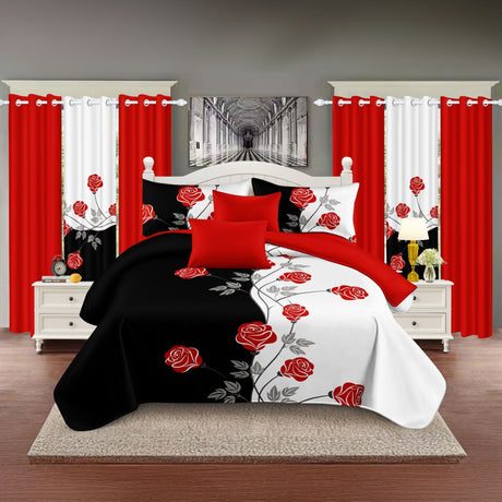 9-Piece Red Rose Bedding & Curtain Set – Quilted Bedspread & Sheer Curtains